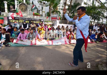 Members of Krisok mukti Sangram samiti (KMSS) take part in a protest against the Citizenship Amendment Act (CAA), in Nagaon District of Assam, India on Dec 12,2020. (Photo by Anuwar Hazarika/NurPhoto) Stock Photo