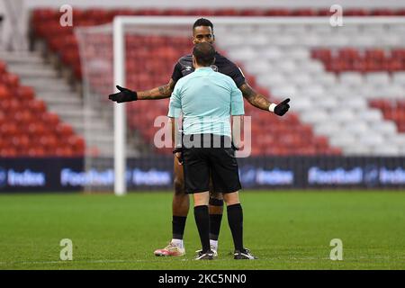 Ivan Toney of Brentford gestures at the referee during the Sky Bet Championship match between Nottingham Forest and Brentford at the City Ground, Nottingham on Saturday 12th December 2020. (Photo by Jon Hobley/MI News/NurPhoto) Stock Photo