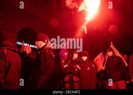 Antifascists, precarious workers, students, movements for the right to housing protest against budget law 2021 and government in Rome, Italy, on December 18, 2020 (Photo by Sirio Tessitore/NurPhoto) Stock Photo