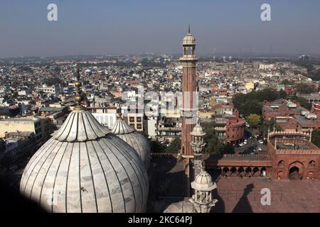 An aerial view shows neighbourhood around the mosque complex from one of its minarets, at Jama Masjid, on December 19, 2020 in Delhi. India crossed one crore Covid-19 cases, adding 10 lakh infections in nearly a month, even as the virus spread slowed and recoveries surged to over 95.50 lakh, according to the Union health ministry. (Photo by Mayank Makhija/NurPhoto) Stock Photo