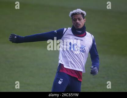 Nottingham Forest's Lyle Taylor during the pre-match warm-up during Sky Bet Championship between Millwall and of Nottingham Forest at The Den Stadium, London on 19th December, 2020 (Photo by Action Foto Sport/NurPhoto) Stock Photo