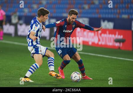 Ruben Rochina of Levante UD and Ahien Munoz of Real Sociedad during the La Liga Santander mach between Levante UD and Real Sociedad at Estadio Ciutat de Valencia on 19 December, 2020 in Valencia, Spain (Photo by Maria Jose Segovia/NurPhoto) Stock Photo