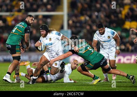 Exeter Chiefs' Harry Williams tackled by Northampton Saints' Alexander Moon during the Gallagher Premiership match at cinch Stadium at Franklin's Gardens, Northampton. Picture date: Friday November 4, 2022. Stock Photo