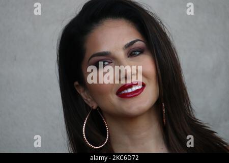 Indian Bollywood actress Sunny Leone poses as she arrives to hands over prizes to winners of Zooppy app in Mumbai, India on December 24, 2020. (Photo by Himanshu Bhatt/NurPhoto) Stock Photo