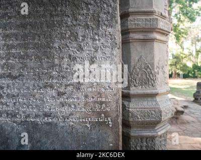 A closeup of the inscriptions on the walls of the ancient Bakan temple in Preah Vihear, Cambodia Stock Photo