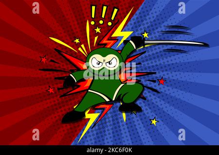 Cartoon ninja fighter versus. Vector illustration on comic background Stock Vector