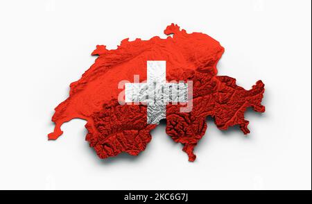 A 3D render of Switzerland Map Flag Shaded relief Color Height map on white background Stock Photo