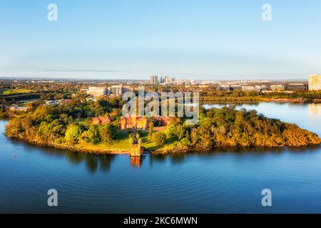 Rivendell school on shores of Parramatta river in Western Sydney of Australia - aerial cityscape. Stock Photo