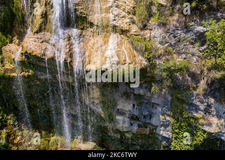 Detail of the water stream of Sotira river with waterfall in Summer 2022, Albania Stock Photo