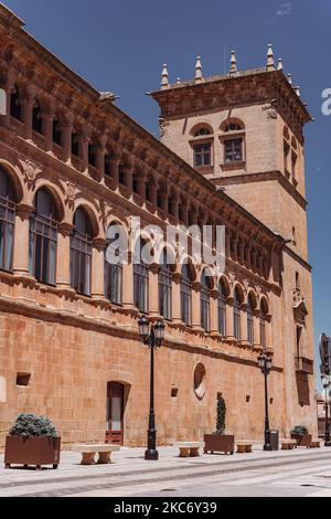 A vertical shot of the Palace of Los Condes de Gomara in front of a blue sky, Soria, Spain Stock Photo