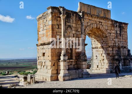 The ruins of the Arch of Caracalla (216-217 AD) in the ancient Roman town of Volubilis in Meknes, Morocco, Africa. Volubilis is a partly excavated Roman city built in the 3rd century BC onwards as a Phoenician (and later Carthaginian) settlement. The site was excavated and revealed many fine mosaics, including some of the more prominent public buildings and high-status houses were restored or reconstructed. Today it is a UNESCO World Heritage Site , listed for being 'an exceptionally well preserved example of a large Roman colonial town on the fringes of the Empire'. (Photo by Creative Touch I Stock Photo
