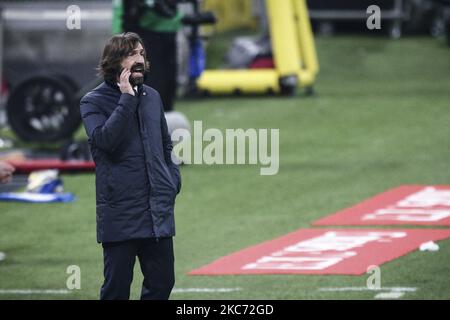 Juventus coach Andrea Pirlo looks on during the Serie A football match n.16 MILAN - JUVENTUS on January 06, 2021 at the Stadio Giuseppe Meazza in Milan, Lombardy, Italy. Final result: Milan-Juventus 1-3. (Photo by Matteo Bottanelli/NurPhoto) Stock Photo