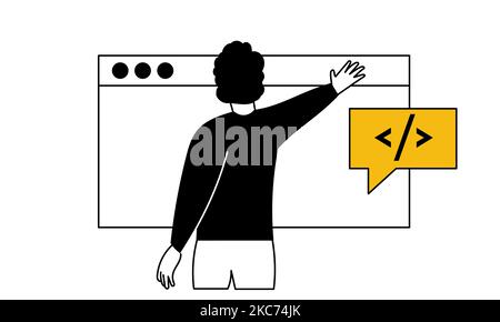 Web development and business technology coding website vector illustration concept. Programming application and app developer man. Online code and pro Stock Vector