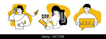 Client support set vector illustration concept. Customer service to help and online business call center. Operator assistant and hotline communication Stock Vector