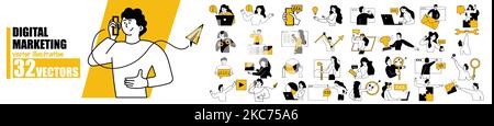 People in digital marketing and internet situation scene set. Web business and media communication vector illustration person. Character collection an Stock Vector