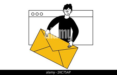 Online business email and man hold mail envelope vector illustration. Internet message and communication people. Website contact and address support. Stock Vector