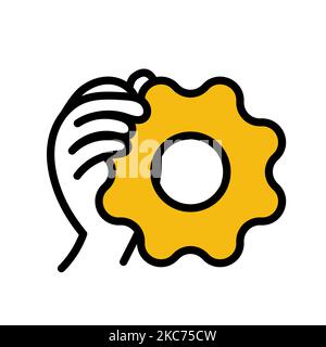 Mechanic gear service with hand line icon for support concept. Web setting and support concept. Vector illustration design on white background. Outlin Stock Vector