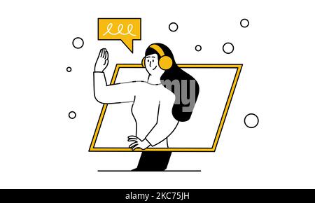 Woman and online support vector illustration. Business communication and call service help. Computer chat with customer and center assistance client. Stock Vector