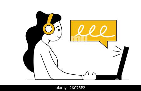 Remote work and woman sitting on computer vector illustration concept. Online business and freelance workplace. Job at home and network communication. Stock Vector