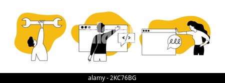 Software testing set vector illustration concept. Development application and process web coding. Website test service and usability security. Digital Stock Vector