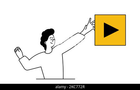Man watch online video and play button vector illustration concept. Live TV and digital screen multimedia. Stream television and distance learning. St Stock Vector