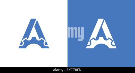 A mechanical logo design of an initial letter A on white and blue background Stock Vector