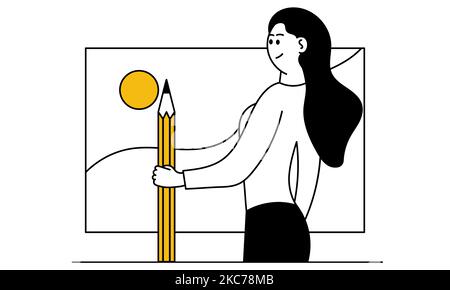 Woman designer and character work vector illustration concept. Creative office job and professional freelancer employee. Drawing workplace and freelan Stock Vector