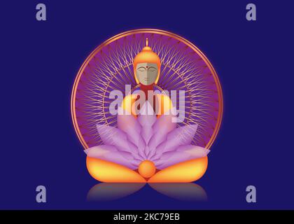 Buddha sitting in meditation over Golden Mandala, esoteric purple lotus vector illustration. Vintage sacred culture background. Indian, Buddhism logo Stock Vector