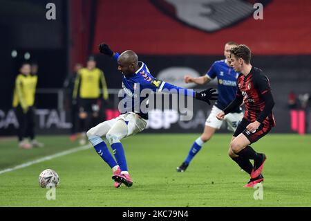 Oldham Athletic's Dylan Bahamboula tussles with Gavin Kilkenny of Bournemouth during the FA Cup match between Bournemouth and Oldham Athletic at the Vitality Stadium, Bournemouth on Saturday 9th January 2021. (Photo by Eddie Garvey/MI News/NurPhoto) Stock Photo