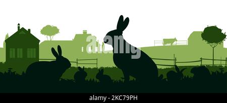 Rabbits are grazing. Picture silhouette. Rural landscape with farmers house. Farm pets. Fur animals. Isolated on white background. Vector. Stock Vector