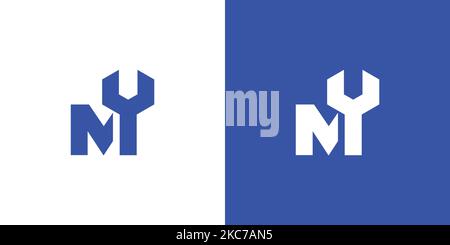 A mechanical logo design of an initial letter M and a wrench tool on white and blue background Stock Vector