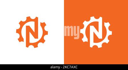 A mechanical logo design of an initial letter N on white and orange background Stock Vector