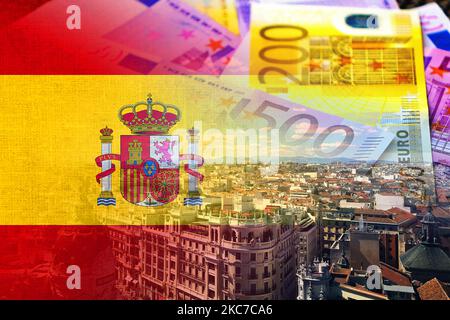 Spain flag, euro cash banknotes and panoramic view of Madrid city (real estate, money, economy, business, finance, inflation, crisis) Stock Photo