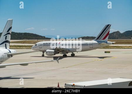 Air France Airbus A319 aircraft as seen taxiing in Athens International Airport ATH LGAV. The narrow body single-aisle airplane has the registration F-GRHT and is powered by 2x CFMI jet engines. AIRFRANCE is the French flag carrier, member of SkyTeam global aviation airline alliance, owned by Air France - KLM parent company with the main hub / base Paris CDG Charles de Gaulle Airport. The world passenger traffic declined during the coronavirus covid-19 pandemic era with the industry struggling to survive while passengers keep obligatory safety measures during the flights such as facemask, nega Stock Photo