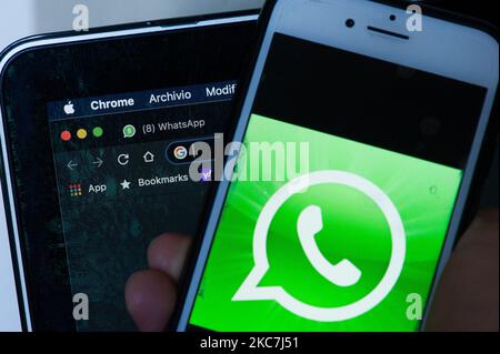 An user opening Whatsapp on iPhone in L Aquila Italy on January