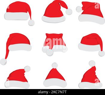 Santa Claus red hat set cut. Santa hat, Santa red hat isolated on white. New Year santa red hat . Santa head hat vector. Santa Christmas hat decoration vector. Cartoon santa cap xmas celebration Stock Vector