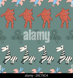 Childish style striped animal seamless pattern on green background. Stock Vector