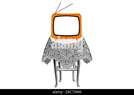 Retro old Orange TV on a Table in engraving style Stock Photo