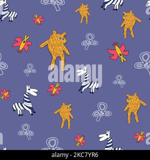 Childish style animals seamless pattern. Bear, zebra and bird. Stock Vector