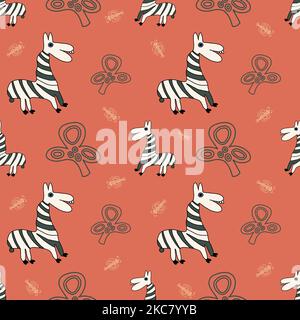 Childish style zebra animals seamless pattern on orange background. Stock Vector