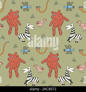Kid friendly seamless pattern with animals. Childish style drawing. Stock Vector