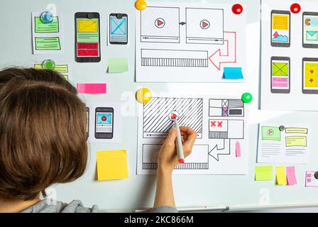 The web site designer creates a sketch of the application. Development of the interface layout project. User experience. Stock Photo