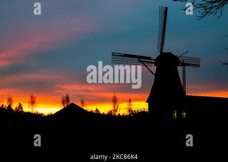 A traditional Dutch windmill as seen around sunset time at the sweet spot called magic hour at the dusk during a cold winter day, where the colorful clear sky is mixing with the clouds. The windmill, a tourism attraction and symbol for the country, is located in the outskirts of Veldhoven, near the city of Eindhoven in North Brabant region. The specific mill is a bakery and cafe, the Oerse Mill Baker. Veldhoven, the Netherlands on January 25, 2021 (Photo by Nicolas Economou/NurPhoto) Stock Photo