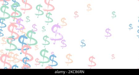 Horizontal Seamless Pattern of the colorful symbols of dollar currency on white. Design background with signs of dollars. The pattern can be used for Stock Vector