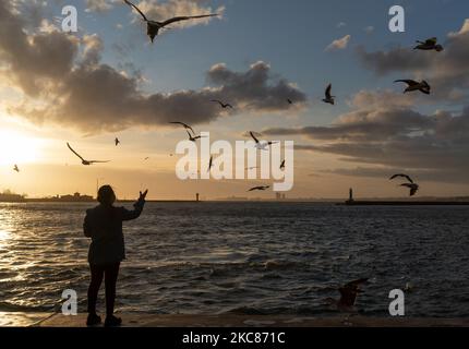 A woman standing by the sea feeds the birds, in Istanbul, Turkey, on January 25, 2021. (Photo by Erhan Demirtas/NurPhoto) Stock Photo