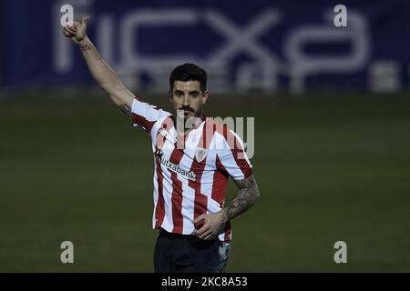 Yuri Berchiche of Athletic gestures during the round of 16 of the Copa del Rey between CD Alcoyano and Athletic Club at the Campo Municipal de El Collao on January 28, 2021 in Alcoy, Alicante, Spain. (Photo by Jose Breton/Pics Action/NurPhoto) Stock Photo