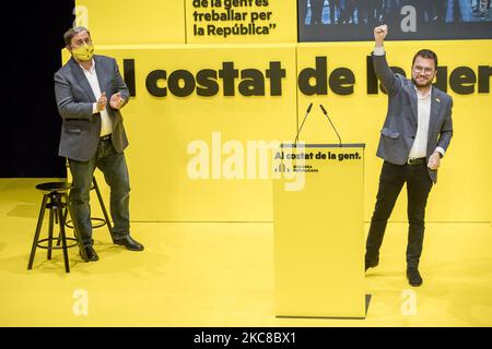 Electoral campaign event of Esquerra Republicana de Catalunya (ERC - Catalonia's Republican Left), Catalan pro-independence center-left party, with the participation of its top leader, Oriol Junqueras, imprisoned by the 2019 referendum, and the candidate in the regional elections, Pere Aragonés, in Badalona, near Barcelona, on January 29, 2021. (Photo by Albert Llop/NurPhoto) Stock Photo