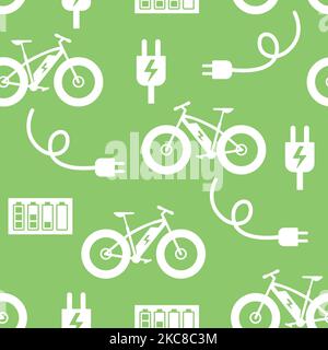 Seamless pattern with electronic fat bikes and electric plugs, E bike background. Stock Vector