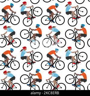 Seamless pattern with male and female cyclists. People riding bikes. Stock Vector