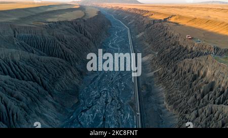 An aerial view of the Kuitun grand canyon. China Stock Photo